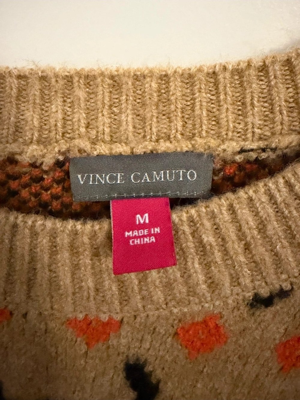 Vince Camuto Tan Crewneck Sweater with Black Cat & Orange Pumpkin Pattern - Picture 3 of 3